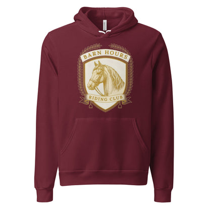 Barn Hours Riding Club vintage equestrian stable crest hoodie — Maroon, front