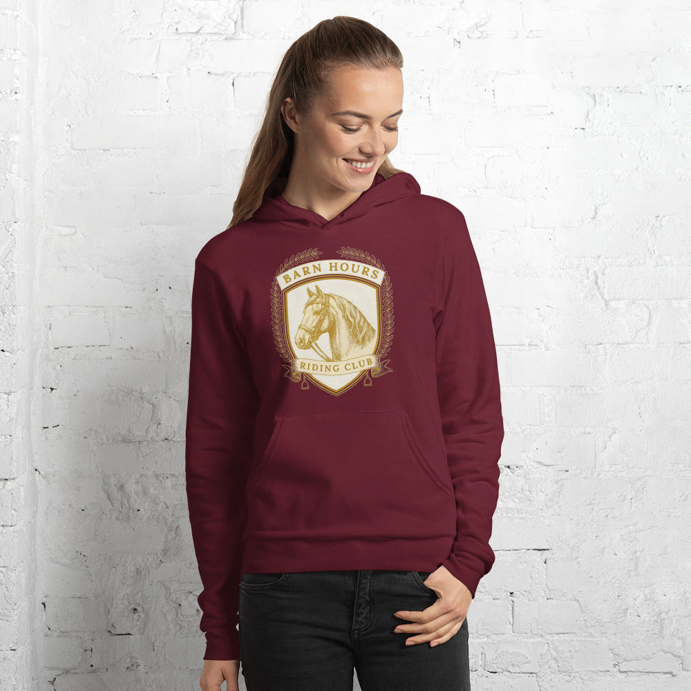Barn Hours Riding Club vintage equestrian stable crest hoodie — Maroon, on model