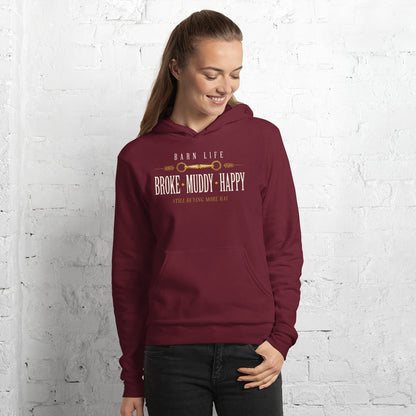 Broke Muddy Happy funny barn life equestrian hoodie — Maroon, on model