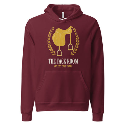 The Tack Room engraved equestrian saddle crest hoodie — Maroon, front
