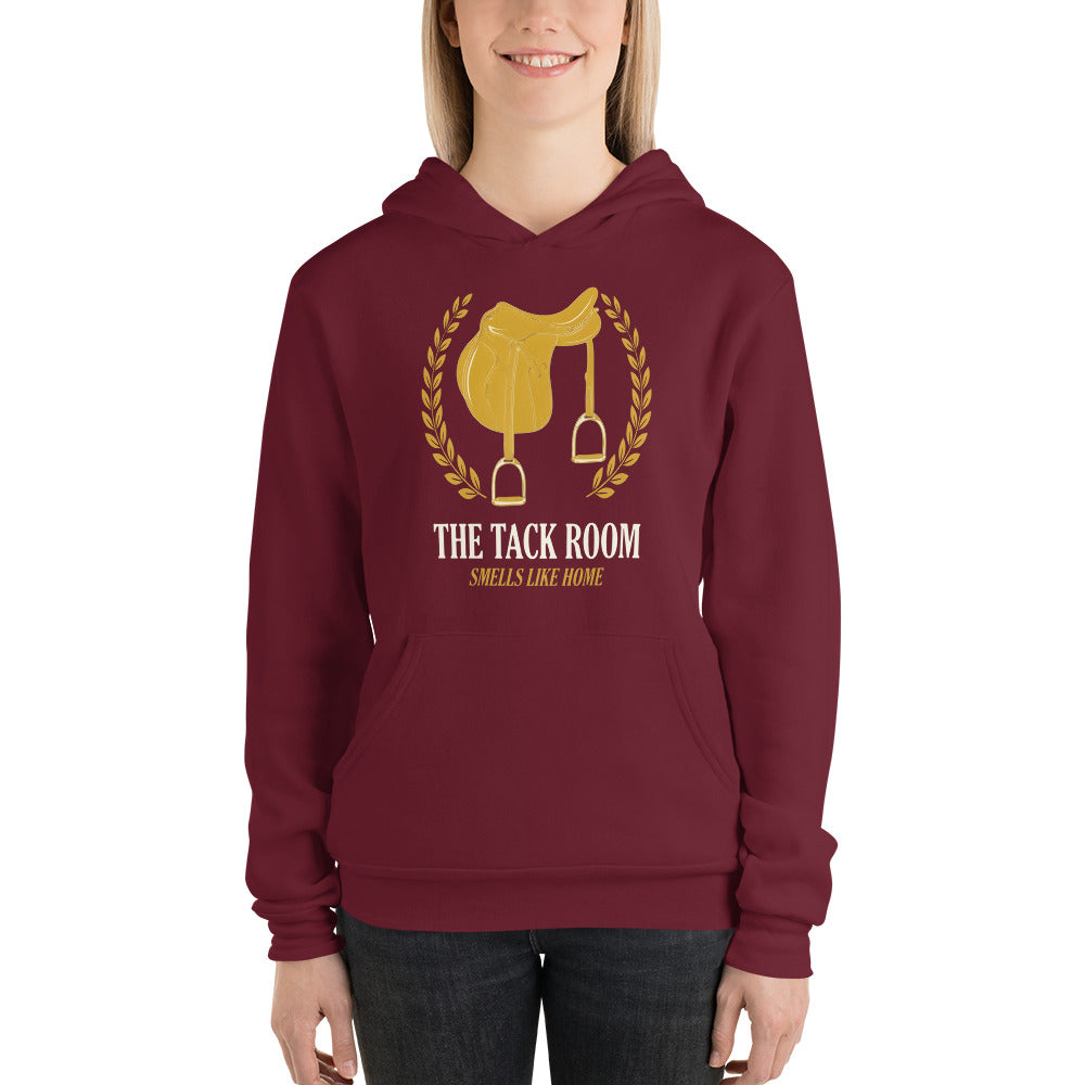 The Tack Room engraved equestrian saddle crest hoodie — Maroon, on model