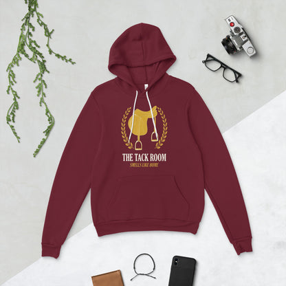 The Tack Room engraved equestrian saddle crest hoodie — Maroon, flat lay
