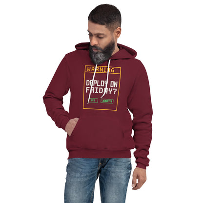 Deploy On Friday programmer hoodie — Maroon, on model