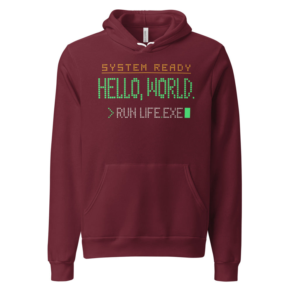 Hello World retro boot screen programmer hoodie — Maroon, front