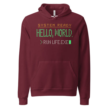 Hello World retro boot screen programmer hoodie — Maroon, front