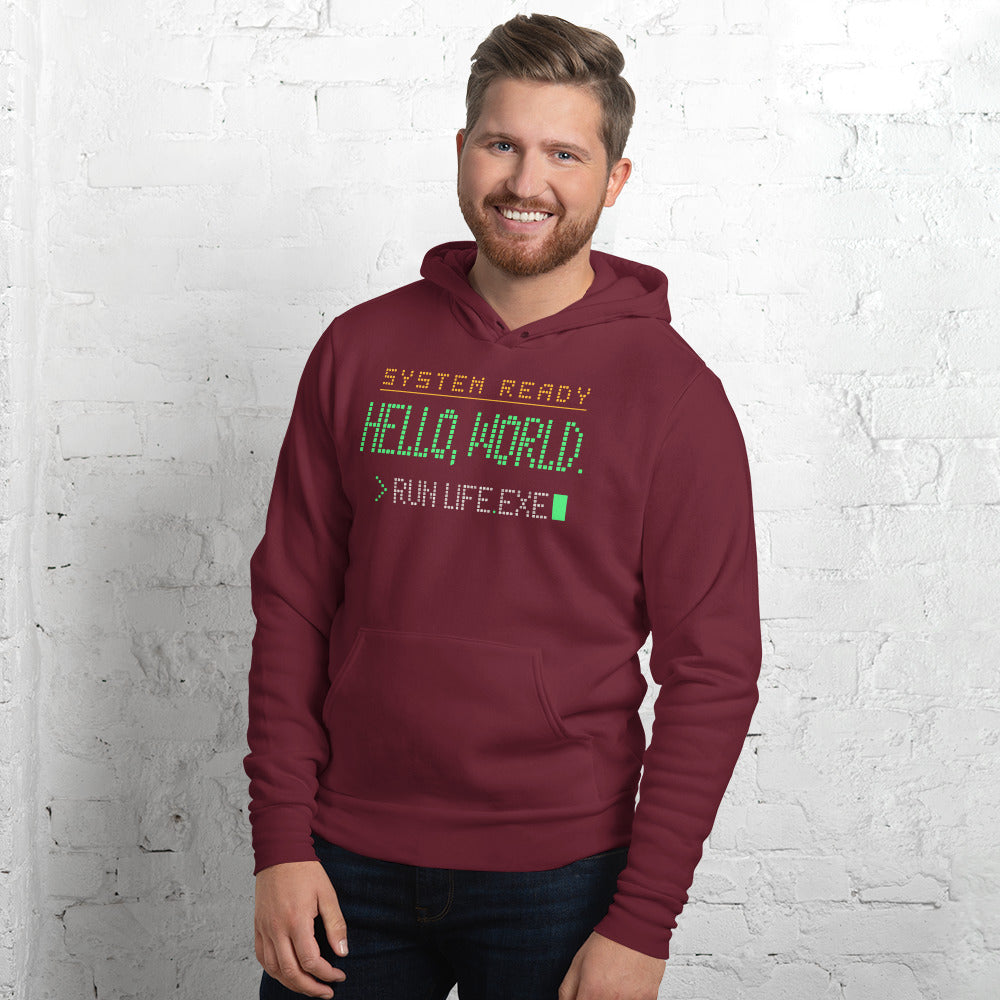 Hello World retro boot screen programmer hoodie — Maroon, on model
