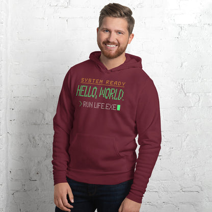 Hello World retro boot screen programmer hoodie — Maroon, on model
