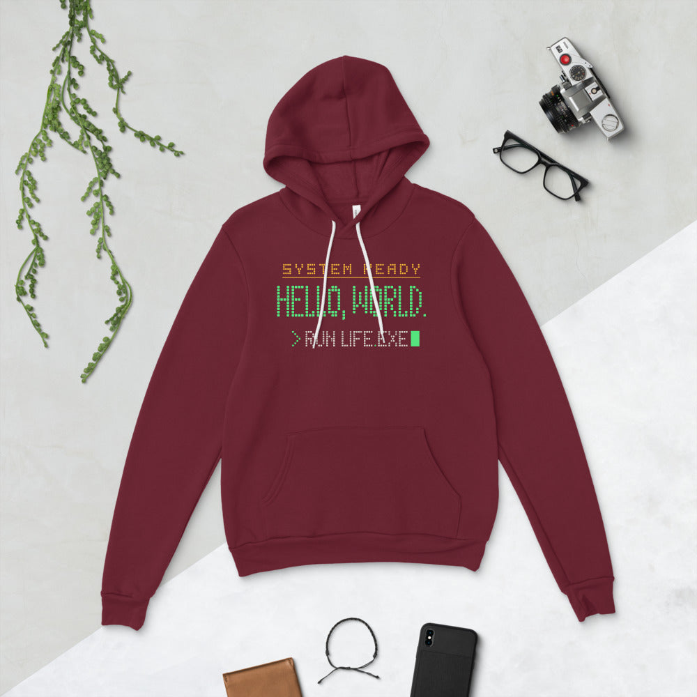 Hello World retro boot screen programmer hoodie — Maroon, flat lay