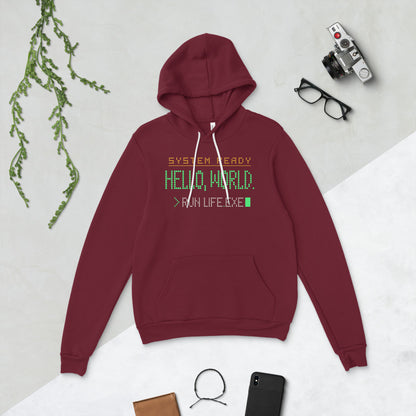 Hello World retro boot screen programmer hoodie — Maroon, flat lay