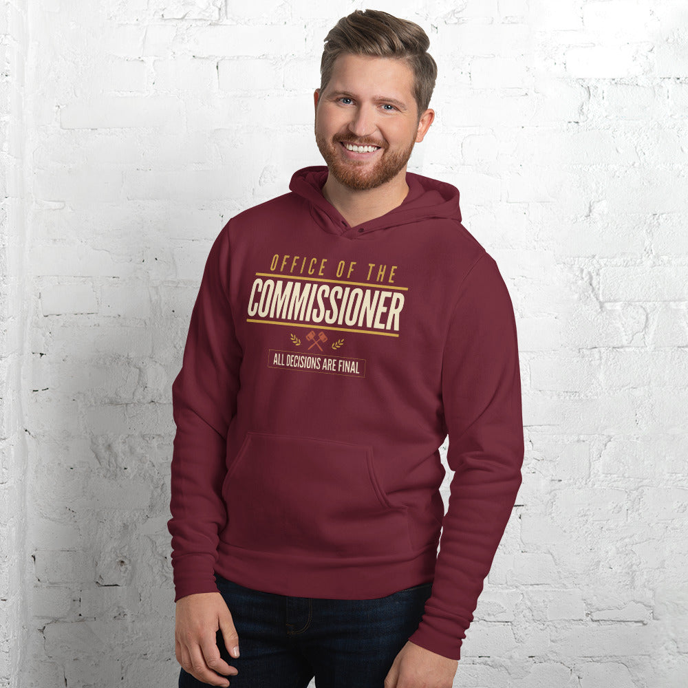 Office of the Commissioner fantasy football draft hoodie — Maroon, on model
