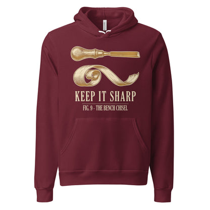Keep It Sharp woodworking hoodie — Maroon, front