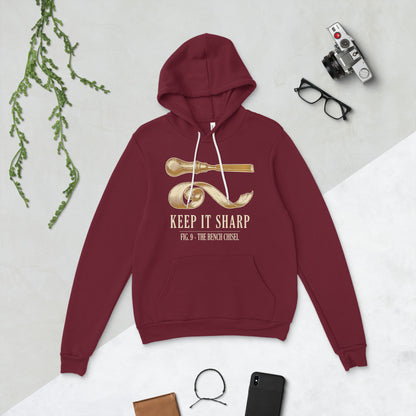 Keep It Sharp woodworking hoodie — Maroon, flat lay