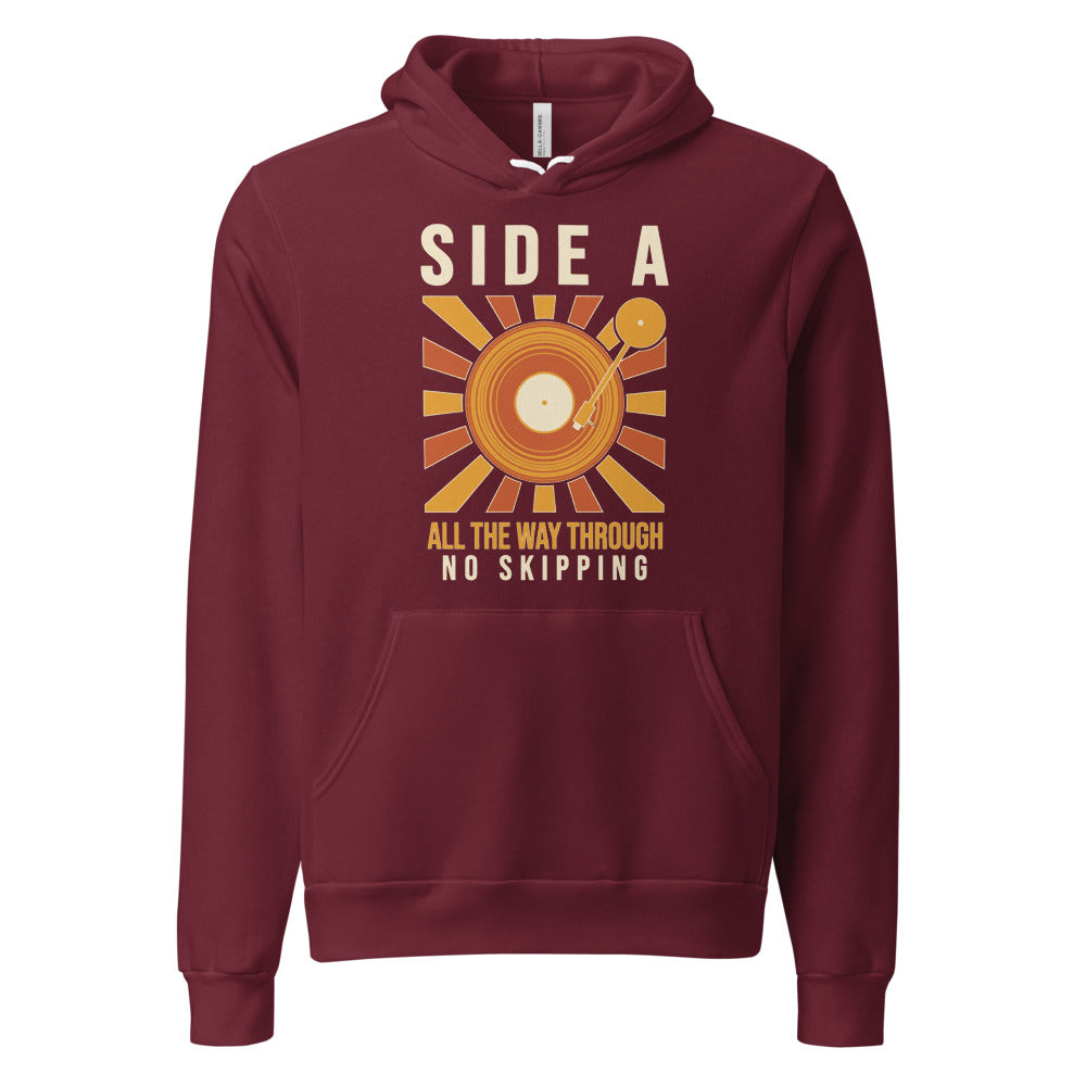 Side A No Skipping vinyl record hoodie — Maroon, front