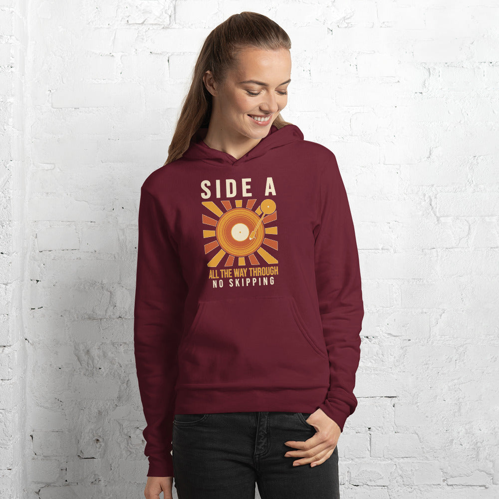 Side A No Skipping vinyl record hoodie — Maroon, on model