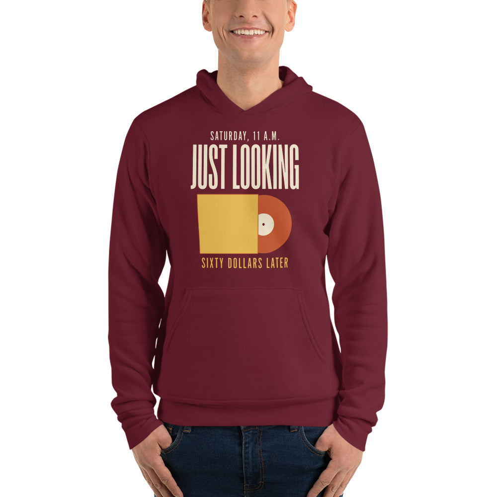 Just Looking Sixty Dollars Later vinyl record hoodie — Maroon, on model