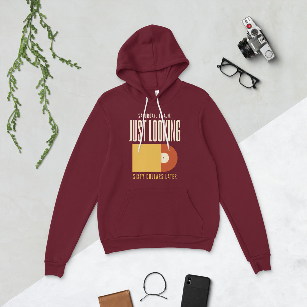 Just Looking Sixty Dollars Later vinyl record hoodie — Maroon, flat lay