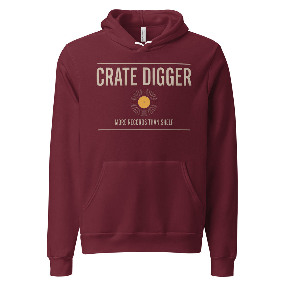 Crate Digger vinyl record hoodie — Maroon, front