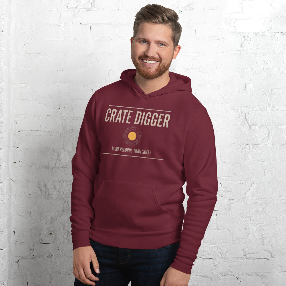 Crate Digger vinyl record hoodie — Maroon, on model