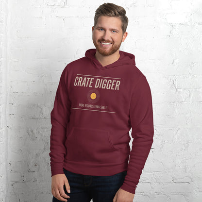 Crate Digger vinyl record hoodie — Maroon, on model