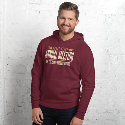 Annual Meeting of the Same Eleven Idiots funny fantasy football draft hoodie — Maroon, on model