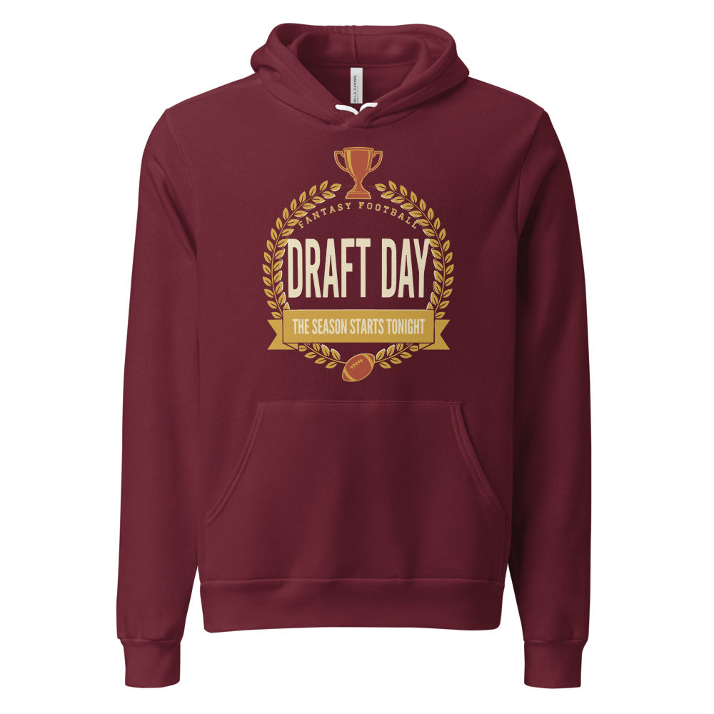 Draft Day Almanac vintage fantasy football draft hoodie — Maroon, front