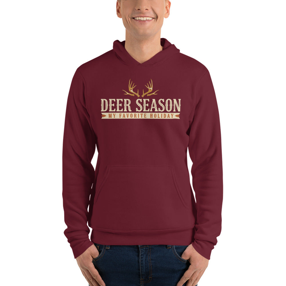 Deer Season My Favorite Holiday deer hunting hoodie — Maroon, on model