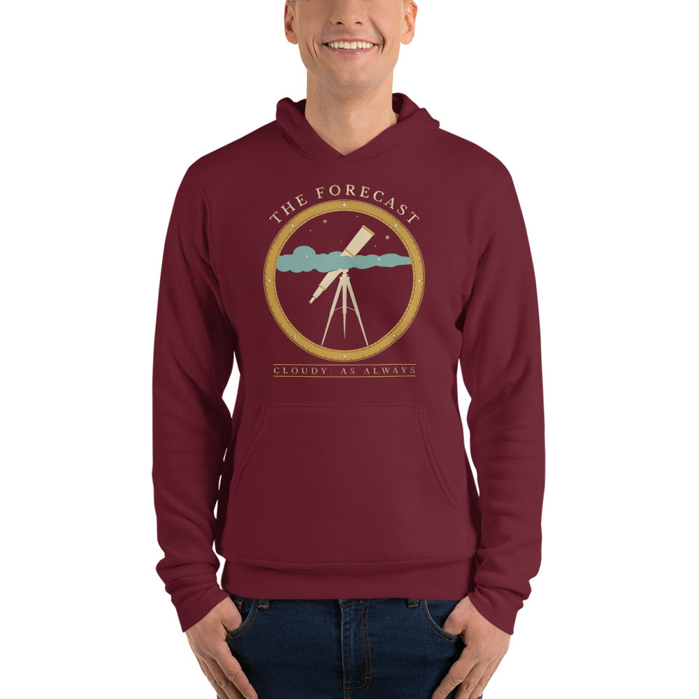 The Forecast Cloudy As Always funny astronomy hoodie — Maroon, on model