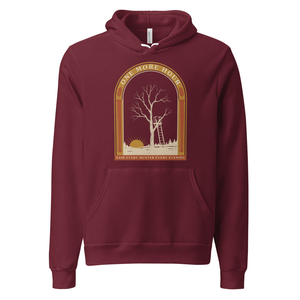 One More Hour funny deer hunting hoodie — Maroon, front