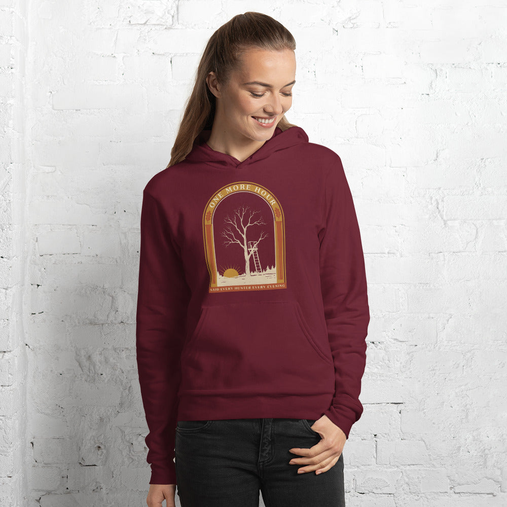 One More Hour funny deer hunting hoodie — Maroon, on model