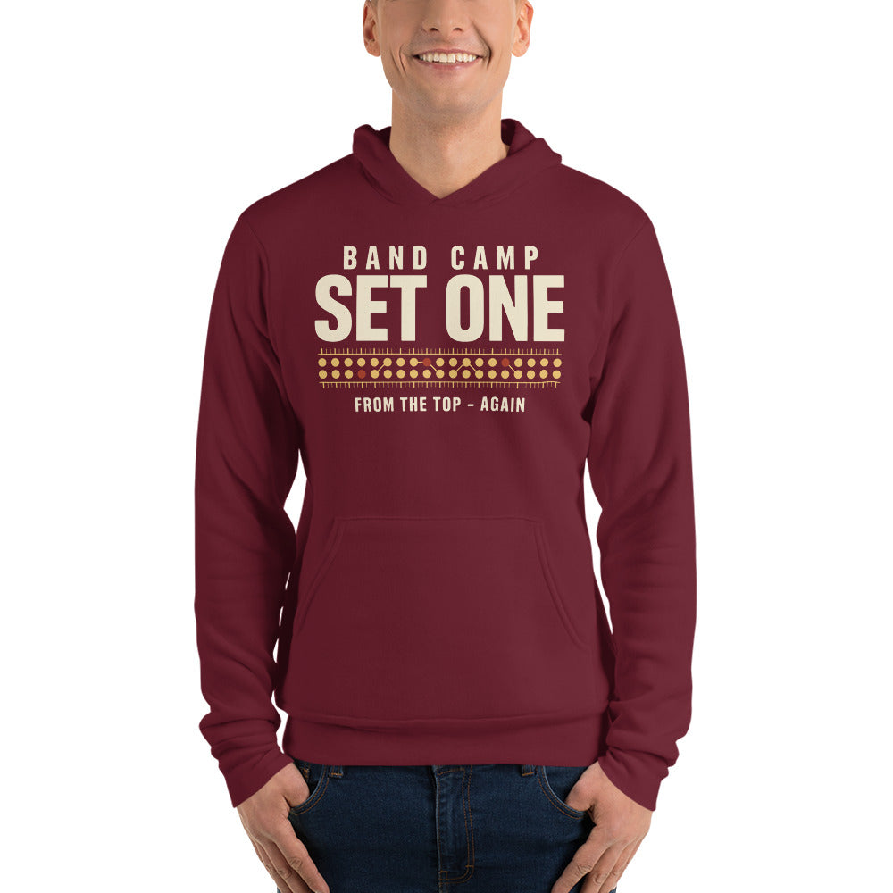 Set One marching band drill chart hoodie — Maroon, on model