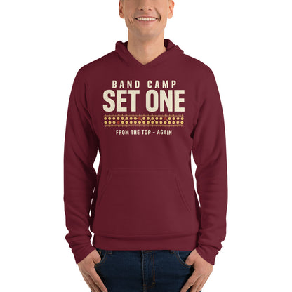 Set One marching band drill chart hoodie — Maroon, on model