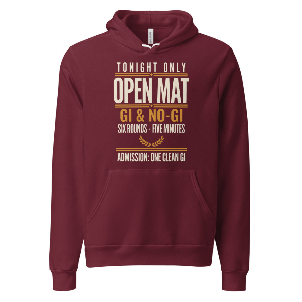 Open Mat Tonight Brazilian jiu jitsu hoodie — Maroon, front