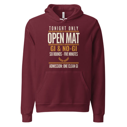 Open Mat Tonight Brazilian jiu jitsu hoodie — Maroon, front