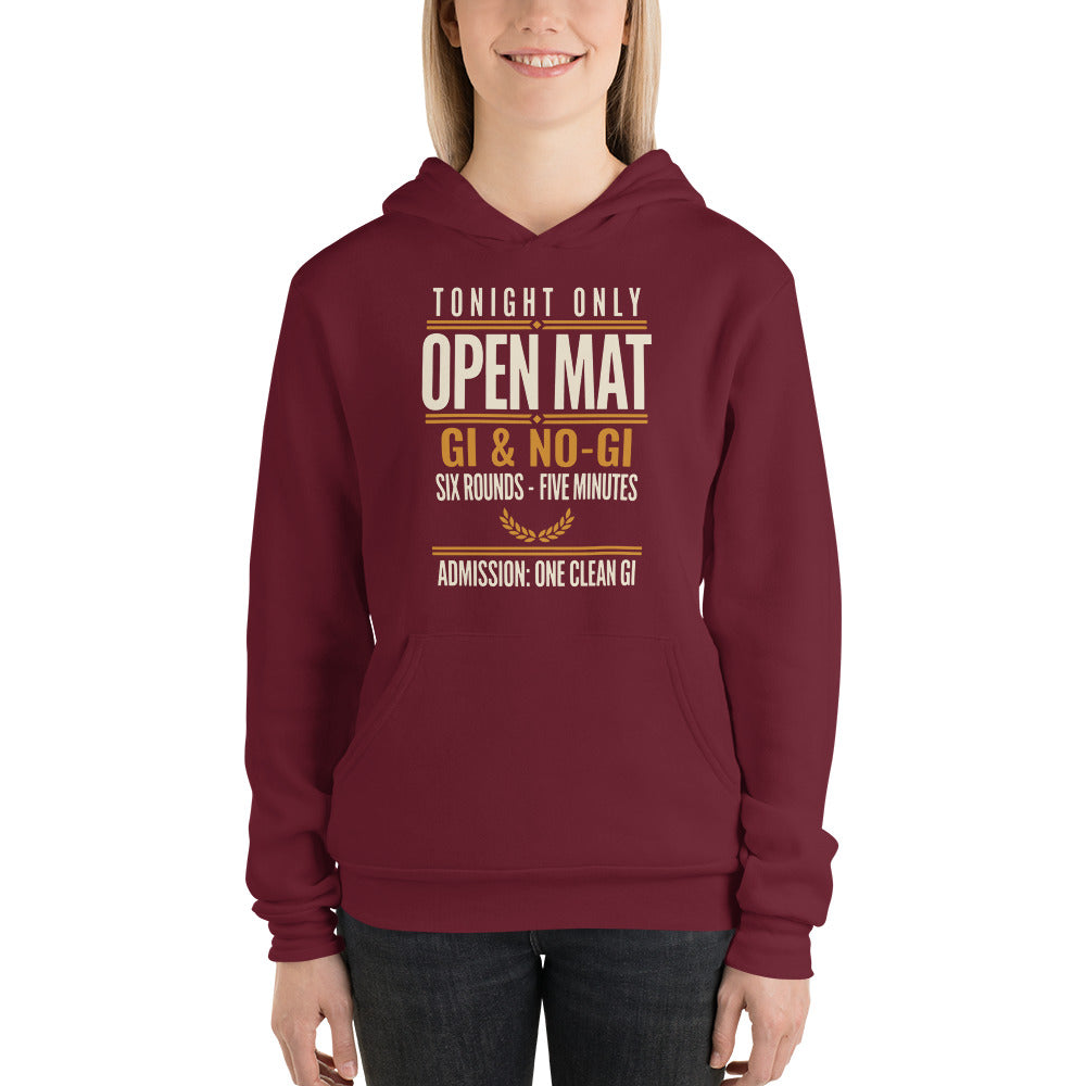Open Mat Tonight Brazilian jiu jitsu hoodie — Maroon, on model