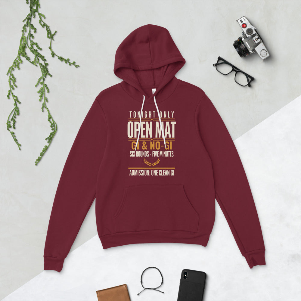 Open Mat Tonight Brazilian jiu jitsu hoodie — Maroon, flat lay
