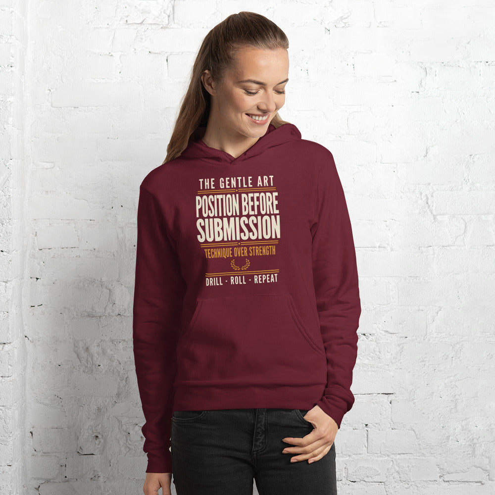 Position Before Submission Brazilian jiu jitsu hoodie — Maroon, on model