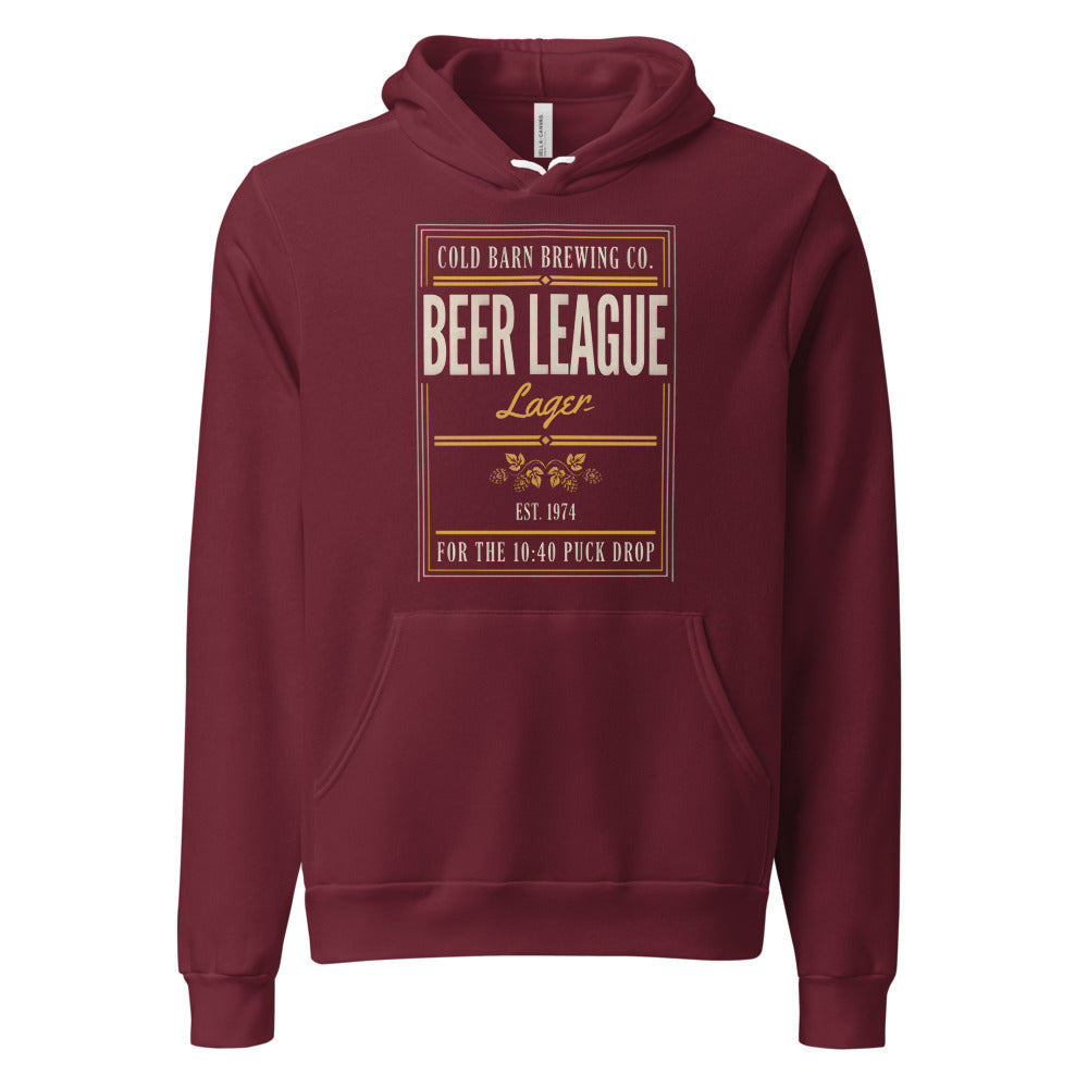 Beer League Cold Barn Brewing lager hoodie — Maroon, front