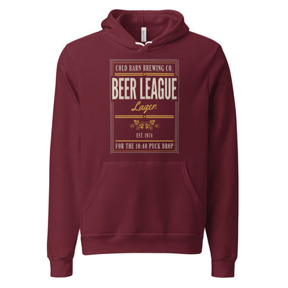 Beer League Cold Barn Brewing lager hoodie — Maroon, front
