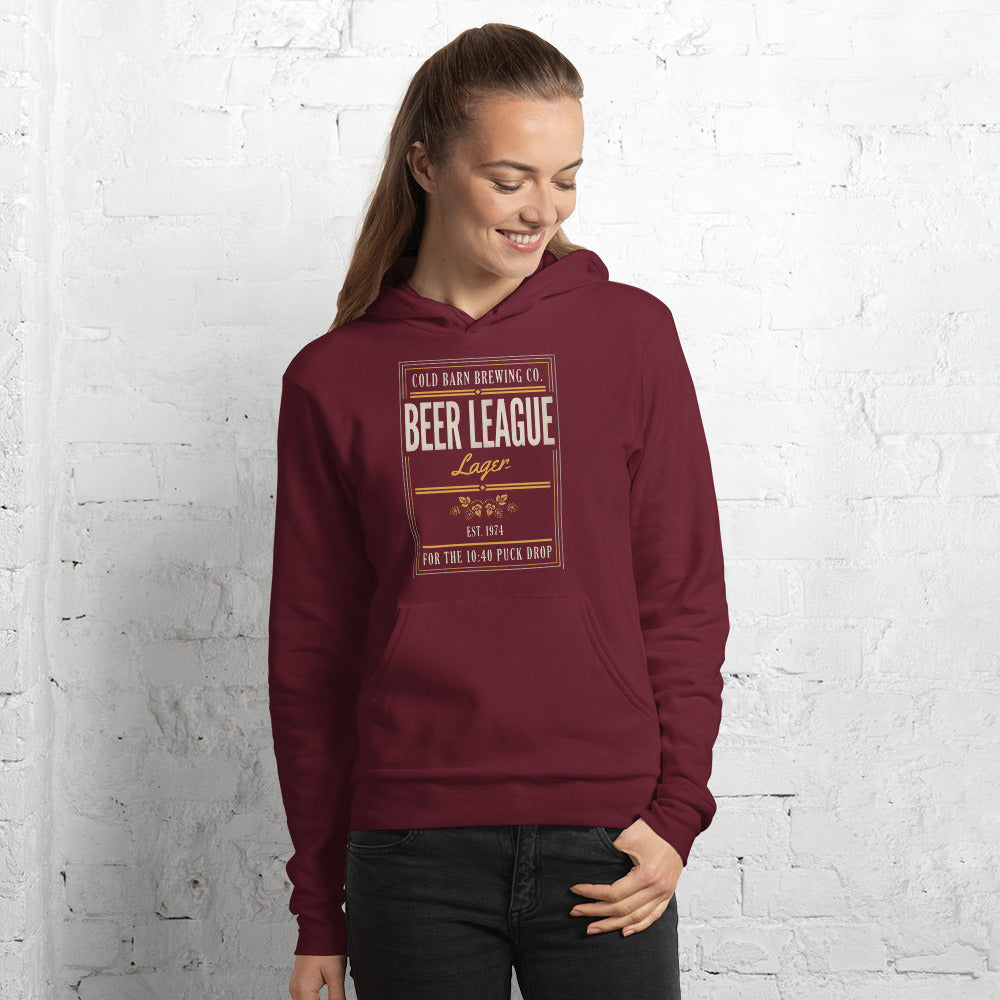 Beer League Cold Barn Brewing lager hoodie — Maroon, on model