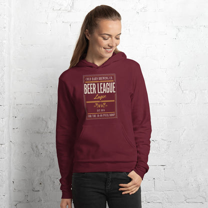 Beer League Cold Barn Brewing lager hoodie — Maroon, on model