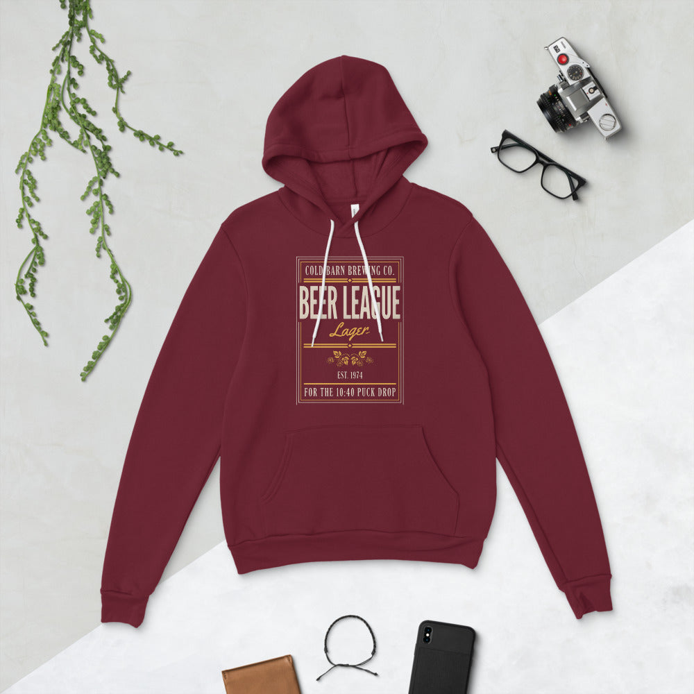 Beer League Cold Barn Brewing lager hoodie — Maroon, flat lay