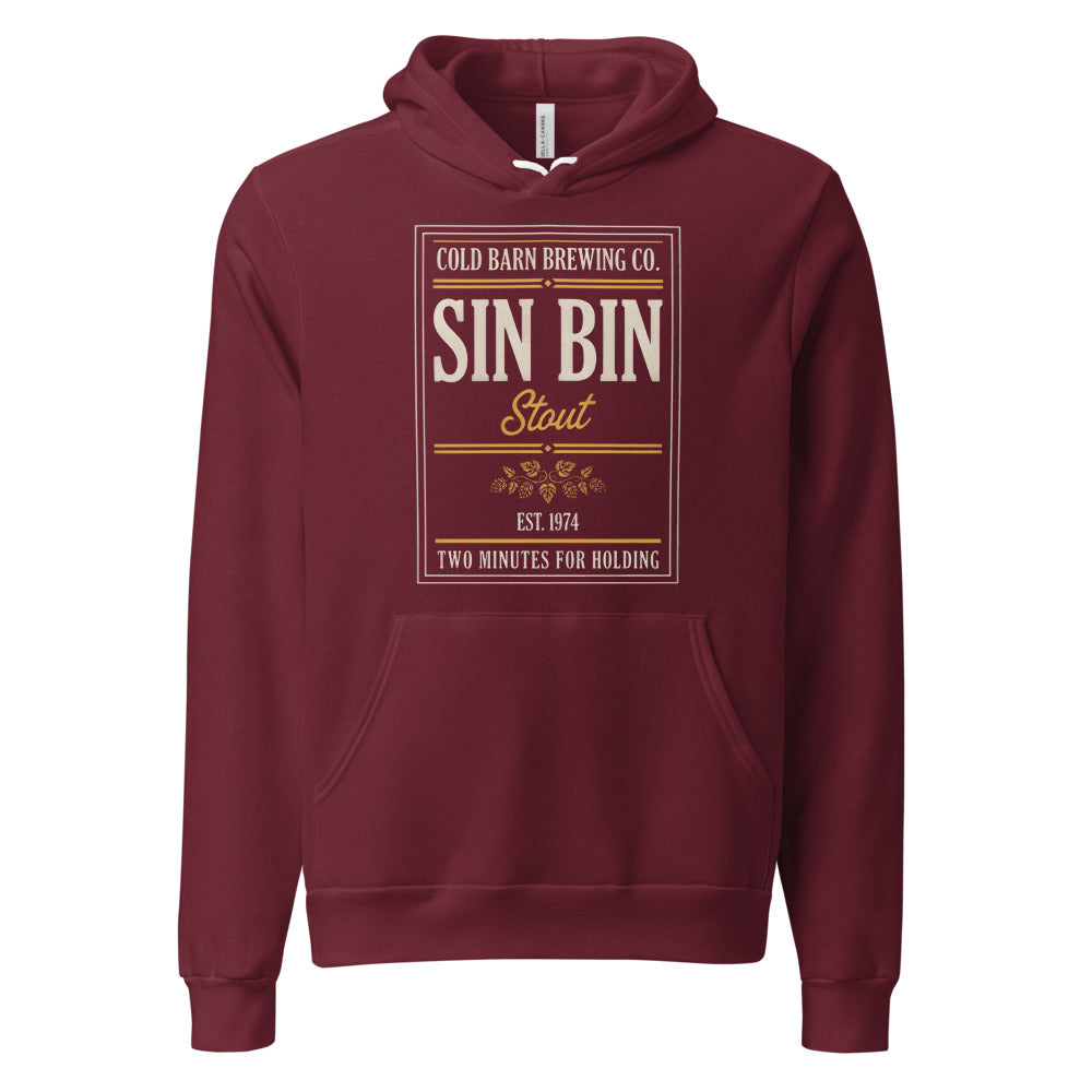 Beer League Sin Bin Stout brewery label hoodie — Maroon, front