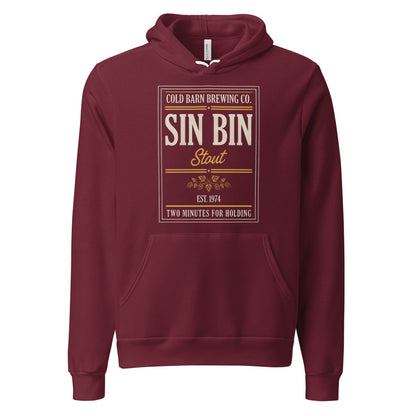 Beer League Sin Bin Stout brewery label hoodie — Maroon, front