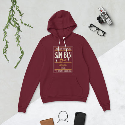 Beer League Sin Bin Stout brewery label hoodie — Maroon, flat lay