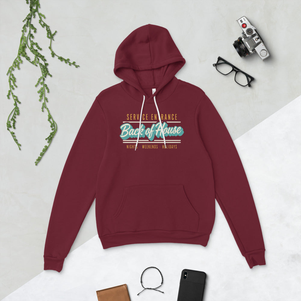 Line Cook Back of House retro diner service sign hoodie — Maroon, flat lay