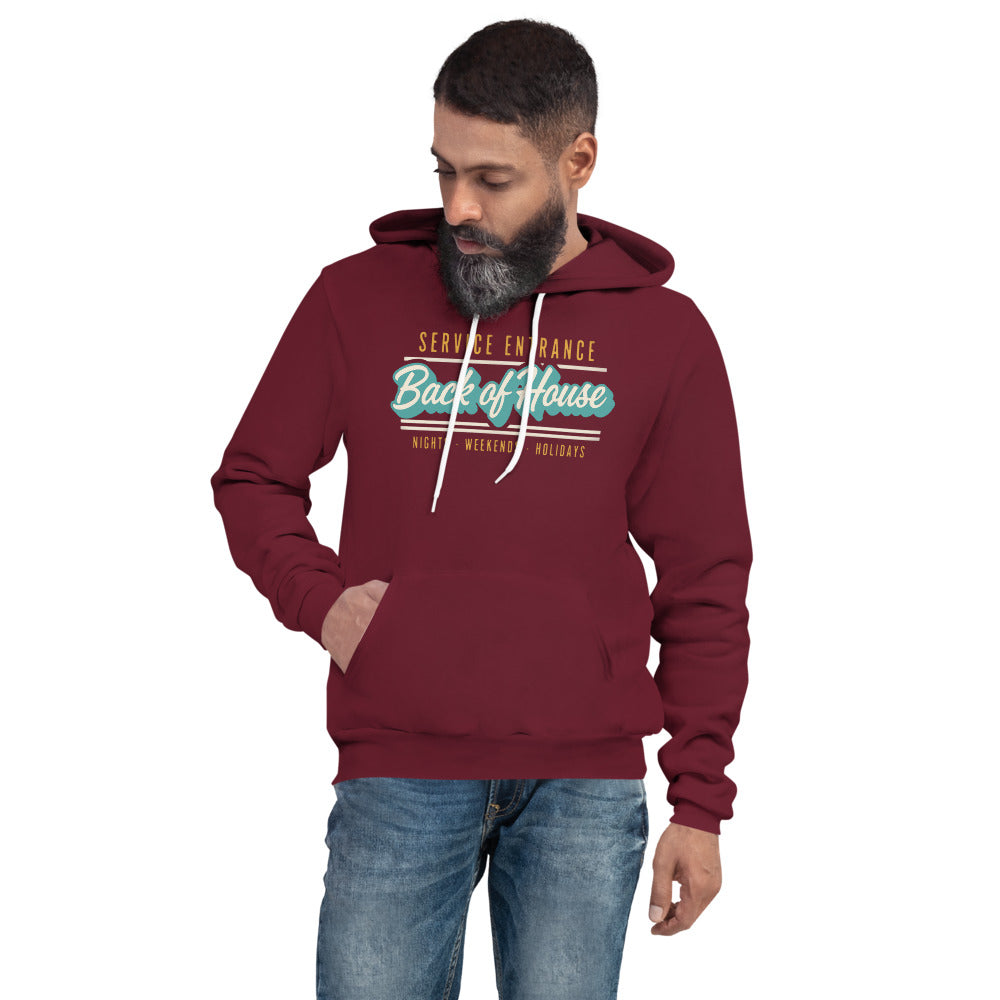 Line Cook Back of House retro diner service sign hoodie — Maroon, on model