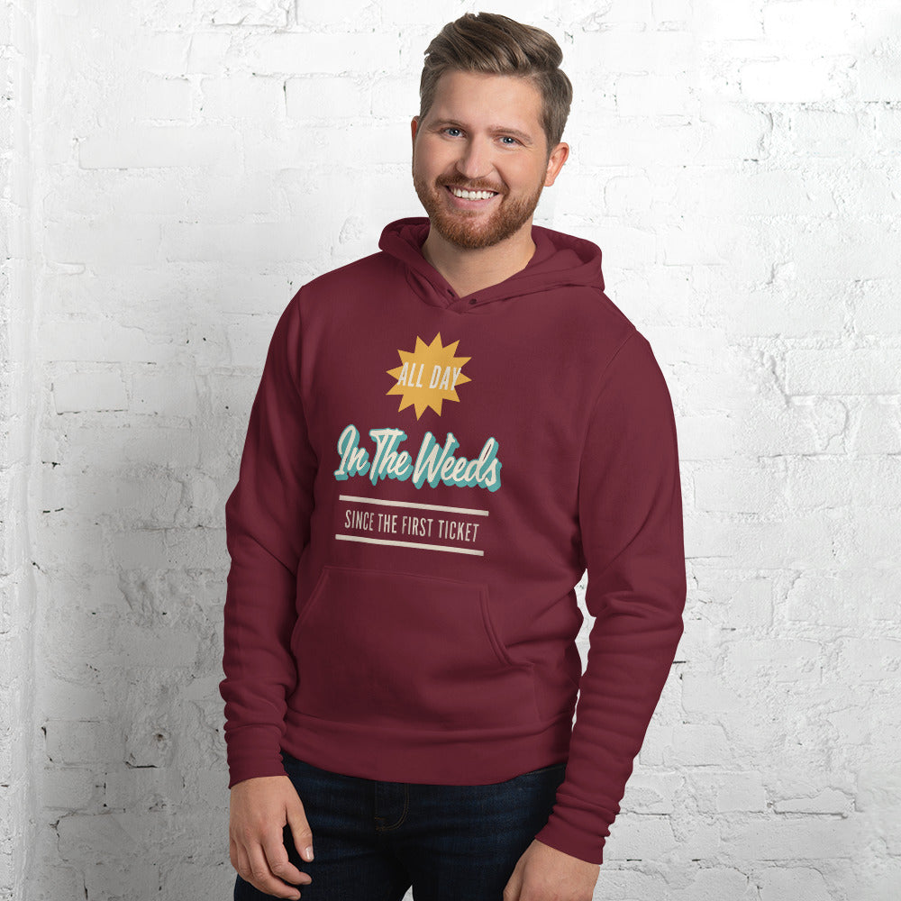 In The Weeds line cook retro diner service sign hoodie — Maroon, on model