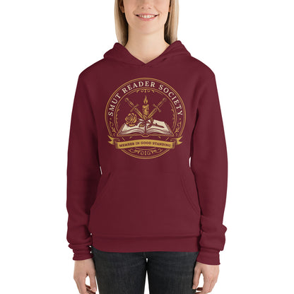 Smut Reader Society book lover dark academia hoodie — Maroon, on model