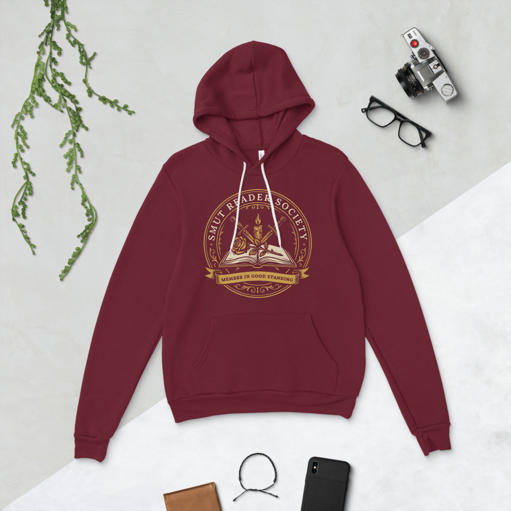 Smut Reader Society book lover dark academia hoodie — Maroon, flat lay