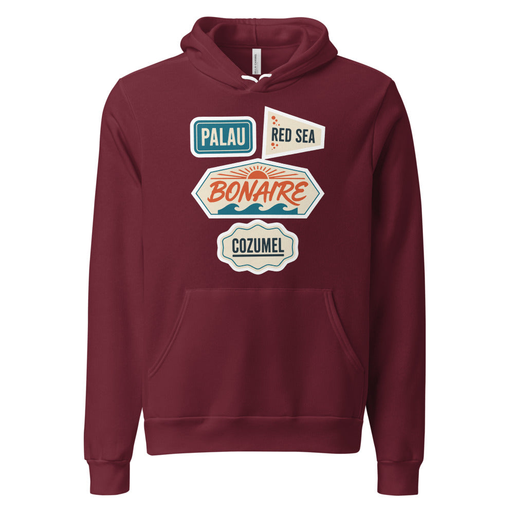 Vintage scuba diving dive sites travel decal hoodie — Maroon, front